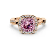 Halo Engagement Ring Setting for Fancy Pink Cushion Cut Center with Pave and Plain Twist Band and Prong Head in Rose Gold
