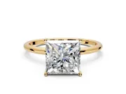 Solitaire Engagement Ring Setting for Princess Cut Center with Straight Thin Band and Prong Head in Yellow Gold