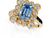 Cluster Halo Engagement Ring Setting for Fancy Blue Emerald Cut Center with Milgrain Bezel Accents and Prong Head in Yellow Gold