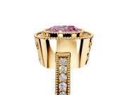 Halo Engagement Ring Setting for Fancy Pink Cushion Cut Center with Milgrain Halo, Pave Band and Prong Head in Yellow Gold