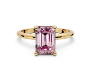 Minimalist Solitaire Engagement Ring Setting for Fancy Pink Emerald Cut Center with Thin Band and Prong Head in Yellow Gold