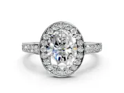 Bezel-Framed Halo Engagement Ring Setting for Oval Center with Pave Band and Prong Head in Sterling Silver