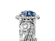 Milgrain Halo Engagement Ring Setting for Fancy Blue Round Cut Center with Shoulder Bezels and Prong Head in White Gold