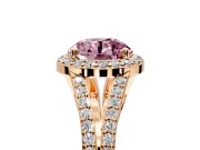 Halo Engagement Ring Setting for Fancy Pink Round Cut Center with Pave Split Shank and Prong Head in Rose Gold