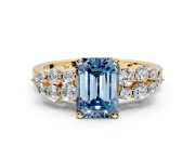 Cluster Engagement Ring Setting for Fancy Blue Emerald Cut Center with 2-Row Shoulder Clusters and Prong Head in Yellow Gold