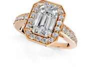 Bezel-Framed Halo Engagement Ring Setting for Emerald Cut Center with Pave Band and Prong Head in Rose Gold