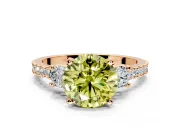 3 Stone Engagement Ring Setting for Fancy Yellow Round Cut Center with Round Cut Side Accents and Prong Head in Rose Gold