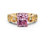 Leaf Engagement Ring Setting for Fancy Pink Radiant Cut Center with Milgrain Accent Band and Prong Head in Yellow Gold