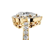 Halo Engagement Ring Setting for Pear-Shaped Center with Heart-Shaped Openwork, Pave Band and Prong Head in Yellow Gold