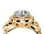 Halo Engagement Ring Setting for Round Cut Center with Open Scroll Shoulders and Prong Head in Yellow Gold