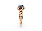 Halo Engagement Ring Setting for Fancy Blue Cushion Cut Center with Open Scroll Shoulders and Prong Head in Rose Gold