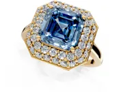 Halo Engagement Ring Setting for Fancy Blue Asscher Cut Center with Plain Tapered Band and Prong Head in Yellow Gold