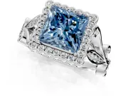 Halo Engagement Ring Setting for Fancy Blue Princess Cut Center with Leaf Motif Split Shank and Prong Head in Platinum