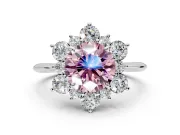 Small-Accent Cluster Halo Engagement Ring Setting for Fancy Pink Round Cut Center with Plain Band and Prong Head in Sterling Silver