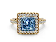 Milgrain Floral Halo Engagement Ring Setting for Fancy Blue Princess Cut Center with Pave Band and Prong Head in Yellow Gold