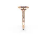 Halo Engagement Ring Setting for Fancy Pink Emerald Cut Center with Milgrain Pave Band and Bezel Head in Rose Gold