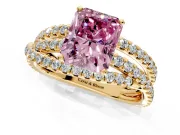 Solitaire Engagement Ring Setting for Fancy Pink Radiant Cut Center with Woven 3-Strand Pave Band and Prong Head in Yellow Gold