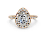 Halo Engagement Ring Setting for Pear-Shaped Center with Raised Halo, Pave Band and Prong Head in Rose Gold