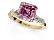 Bar-Set Engagement Ring Setting for Fancy Pink Asscher Cut Center with Tapered Baguette Accents and Prong Head in Yellow Gold
