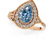 Halo Engagement Ring Setting for Fancy Blue Pear-Shaped Center with Milgrain Rim, Pave Band and Prong Head in Rose Gold