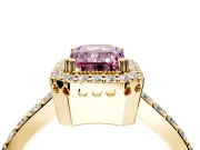 Halo Engagement Ring Setting for Fancy Pink Emerald Cut Center with Inner Milgrain Border and Prong Head in Yellow Gold