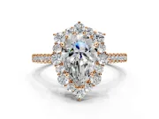 Halo Engagement Ring Setting for Pear-Shaped Center with Single-Row Pave, Open Basket and Prong Head in Rose Gold