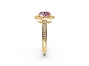 Milgrain Halo Engagement Ring Setting for Fancy Pink Round Cut Center with Three-Sided Pave Band and Prong Head in Yellow Gold
