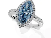 Accent Halo Engagement Ring Setting for Fancy Blue Marquise Center with Full-Length Pave Band and Prong Head in White Gold