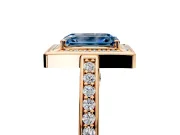 Halo Engagement Ring Setting for Fancy Blue Emerald Cut Center with Framed Halo, Pave Band and Prong Head in Rose Gold