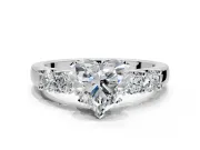 5 Stone Engagement Ring Setting for Heart-Shaped Center with Plain Band and Prong Head in Sterling Silver