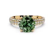 Solitaire Engagement Ring Setting for Fancy Green Round Cut Center with Multi-Row Pave Accents and Basket Head in Yellow Gold