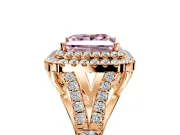 Double Halo Engagement Ring Setting for Fancy Pink Princess Cut Center with Narrow Pave Split Shank and Prong Head in Rose Gold