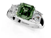 3 Stone Engagement Ring Setting for Fancy Green Asscher Cut Center with Raised Basket Heads and Prong Head in White Gold