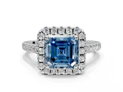 Halo Engagement Ring Setting for Fancy Blue Asscher Cut Center with Raised Halo, Pave Band and Prong Head in Platinum