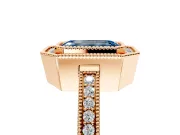 Halo Engagement Ring Setting for Fancy Blue Emerald Cut Center with Milgrain Halo, Pave Band and Prong Head in Rose Gold