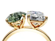 Fancy Green Round Cut and Emerald Cut Lab-Grown Diamond Toi et Moi Engagement Ring with Prong-Set Stones in Yellow Gold