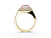 Halo Engagement Ring Setting for Fancy Pink Asscher Cut Center with Plain Tapered Band and Prong Head in Yellow Gold