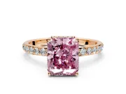 Hidden Halo Engagement Ring Setting for Fancy Pink Radiant Cut Center with Pave Band and Prong Head in Rose Gold