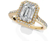 Halo Engagement Ring Setting for Emerald Cut Center with Pave Accents, Heart Basket and Prong Head in Yellow Gold