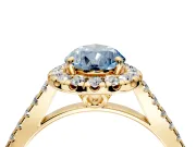 Halo Engagement Ring Setting for Fancy Blue Pear-Shaped Center with Raised Halo, Pave Band and Prong Head in Yellow Gold