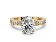 Solitaire Engagement Ring Setting for Oval Center with Milgrain-Edged Pave Band and Prong Head in Yellow Gold