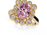Cluster Halo Engagement Ring Setting for Fancy Pink Oval Center with Milgrain Bezel Accents and Prong Head in Yellow Gold