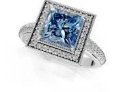 Milgrain Halo Engagement Ring Setting for Fancy Blue Princess Cut Center with Three-Sided Pave Band and Prong Head in White Gold