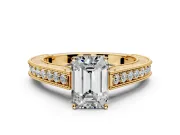 Solitaire Engagement Ring Setting for Emerald Cut Center with Engraved Pave Band and Prong Head in Yellow Gold