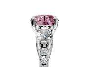 3 Stone Engagement Ring Setting for Fancy Pink Round Cut Center with Crossover Basket, Pave Band and Prong Head in Platinum