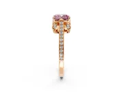 Cathedral Engagement Ring Setting for Fancy Pink Cushion Cut Center with Antique-Style Pave Band and Prong Head in Rose Gold