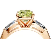 3 Stone Engagement Ring Setting for Fancy Yellow Cushion Cut Center with Tapered Baguettes, Plain Band and Prong Head in Rose Gold