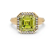 Halo Engagement Ring Setting for Fancy Yellow Asscher Cut Center with Knife Ridge Cathedral Band and Prong Head in Yellow Gold