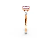 3 Stone Engagement Ring Setting for Fancy Pink Asscher Cut Center with Tapered Baguettes, Plain Band and Prong Head in Rose Gold