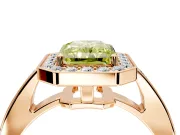 Bezel-Framed Halo Engagement Ring Setting for Fancy Yellow Radiant Cut Center with Pave Band and Prong Head in Rose Gold